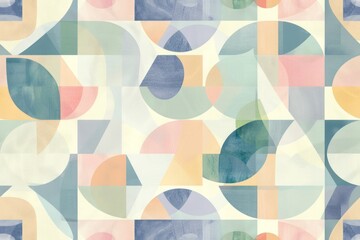 Soft pastel-colored geometric shapes, triangles, and squares seamless pattern