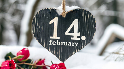 Valentinstag im Schnee: Herz aus Holz mit dem Datum 14. Februar und roten Rosen. - obrazy, fototapety, plakaty