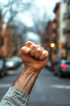 A closeup shot of a fist up in the air to fight for your right