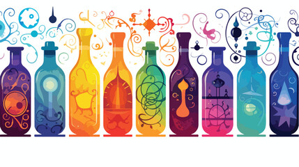 A geometric pattern of potion bottles with swirling