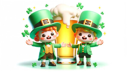 Obraz na płótnie Canvas Two inspired leprechauns against the background of a huge glass of beer and clover