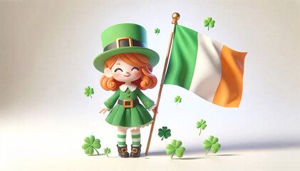 Fototapeta premium St. Patrick, Leprechaun Girl in Green Dress on Irish Flag and Clover Background