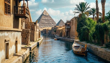 Ai artwork of a boat passing by the ancient Egyptian pyramids. Generative ai.