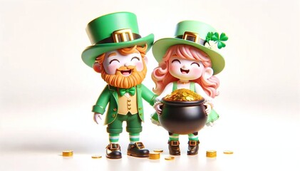 Happy couple of leprechauns in green suits with a huge pot of coins in their hands and a clover in their hat
