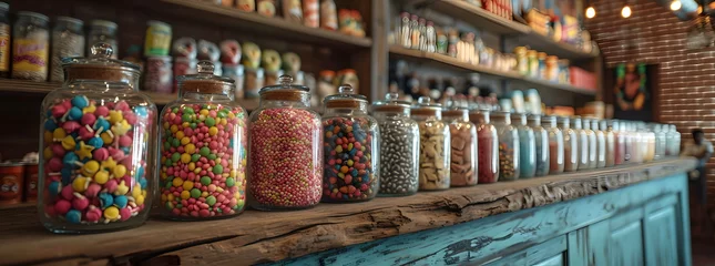 Tuinposter Colorful assortment of sweets in candy shop display jars © common