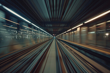 Front view of a train tunnel with motion blur effect