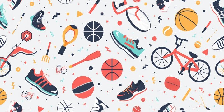 Dynamic Motion: Seamless Pattern Incorporating Sports Icons, Basketballs, Bicycles, and Running Shoes