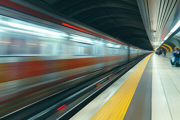 Fototapeta na wymiar A train moving in high speed at a subway station