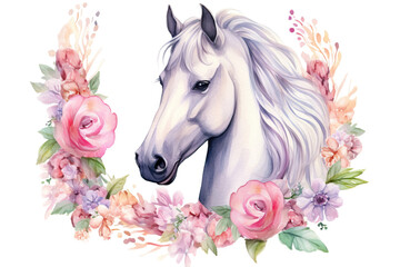 Obraz na płótnie Canvas pink frame flower illustration art horse portrite watercolor gital white arch flowers wreath boho template unicorn clipart peonies