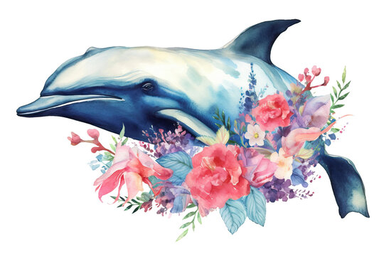 isolated watercolor animal artwork blue roses hand silhouette bouquet composition anemones painted peonies background whale flowers white fern whale
