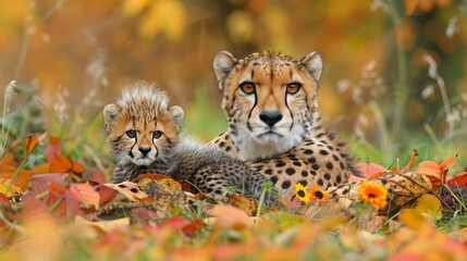 Male cheetah and cub portrait, empty space for text, object on right side for versatile design