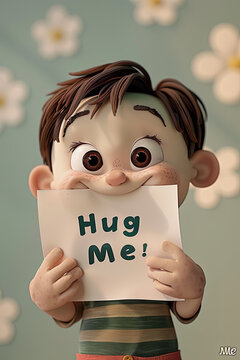 A 3D cartoon character holding a piece of note with text Hug Me