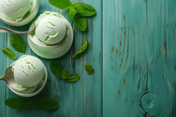 Bowls of mint ice cream with mint leaves - obrazy, fototapety, plakaty