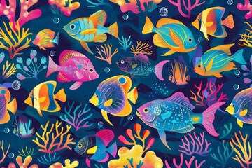 Naklejka premium Dazzling Oceanic Mosaic: Seamless Pattern Featuring Colorful Fish and Bright Coral Reefs