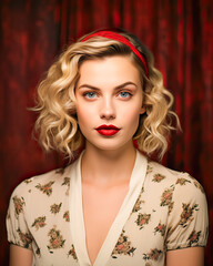 Fototapeta premium Vintage blonde with red headband, floral blouse, against empowering red background.