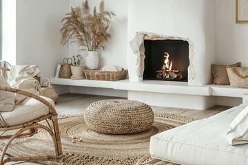 Photorealistic ai artwork of a modern and rustic styled living room with a fireplace and wicker furniture.. Generative ai.