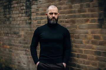 Handsome bearded man in black turtleneck sweater standing by brick wall