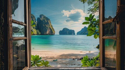 View from the house from inside an open window to the beach with blue water, white sand beach, rocks in the background, turquoise sea water, tropical forest, sunny day. View from the window.