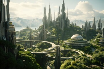 A city in the future covered in greenery, forest and trees filled the Megopolis , Abandoned , Empty streets, overgrown, alternative, - obrazy, fototapety, plakaty
