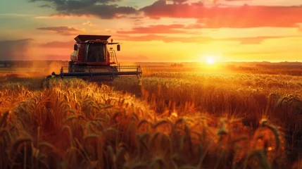 Foto op Plexiglas A farm tractor harvesting wheat at sunset creates a relaxing and natural atmosphere. Golden hour lighting enhances the warmth and depth of a scene. © Светлана Канунникова