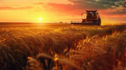 A farm tractor harvesting wheat at sunset creates a relaxing and natural atmosphere. Golden hour...