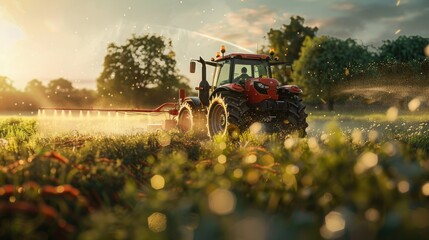 the motion of the tractor and pesticide sprayer, capturing the dynamic action of spraying herbicides, the intricate details of the machinery and the spraying process. - obrazy, fototapety, plakaty