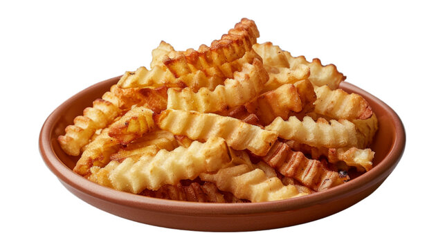Crinkle Cut Fries on a plate isolated on transparent png background. Generative ai 