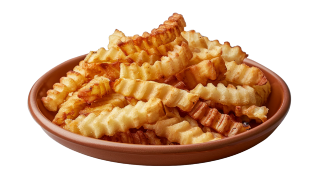 Crinkle Cut Fries on a plate isolated on transparent png background. Generative ai 