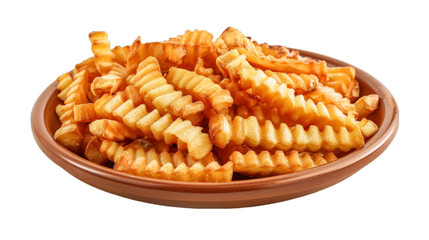 Crinkle Cut Fries on a plate isolated on transparent png background. Generative ai 
