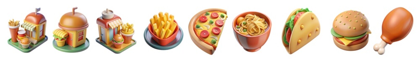 Fast food 3d realistic render vector icon set. Pizza, taco, hamburger, fries potatoes, ramen noodle soup, hot dog, popcorn, chicken leg