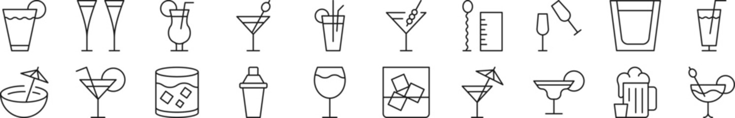 Pack of linear symbols of various beverages. Editable stroke. Linear symbol for web sites, newspapers, articles book