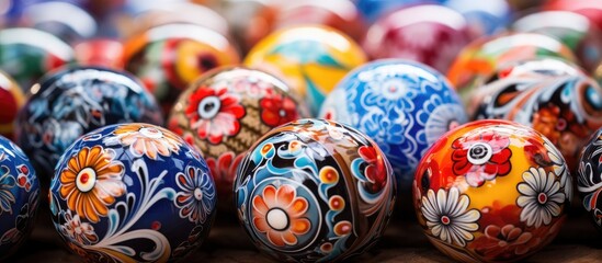 A variety of brightly colored Easter eggs create a festive display on a table, blending elements of art, ornament, and confectionery for the holiday event