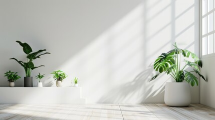 Modern Living Room Interior with White Wall and Potted Plant - 3D Rendering