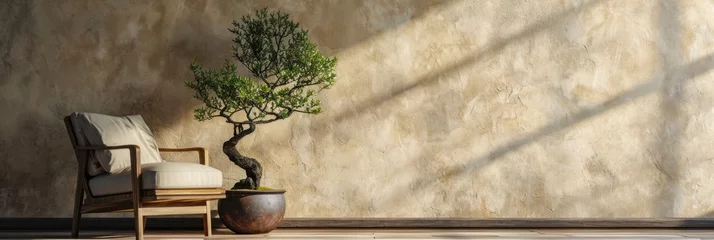 Fotobehang Rustic Living Room Interior with Stylish Armchair, Bonsai Tree, and Copy Space on Beige Stucco Wall © AIGen