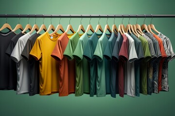 multi-colored t-shirts on hangers in a store.
