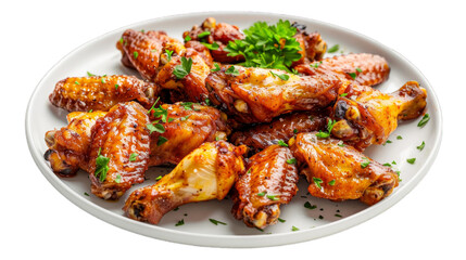 Fototapeta premium Garlic Parmesan Wings on a plate isolated on transparent png background. Generative ai 