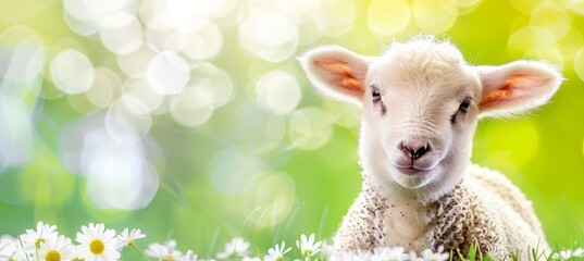 Naklejka na ściany i meble Young lamb in meadow serene nature scene with farm animal, daisy field, and copy space