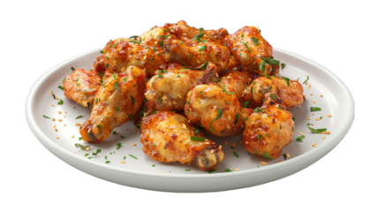 Garlic Parmesan Wings on a plate isolated on transparent png background. Generative ai 