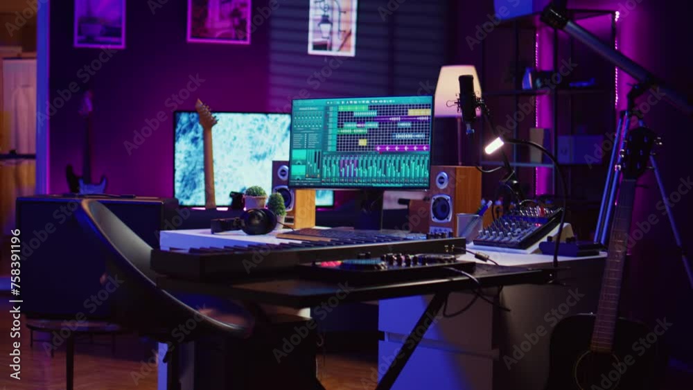 Aufkleber Empty home studio equipped with mixing console and soundboard, piano and other musical instruments to help with track recording. Mastering and mixing tunes on pc software, panel controls. Camera B.