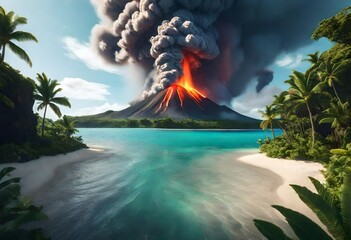 fire in the volcano and beautiful view of beach of ocean 