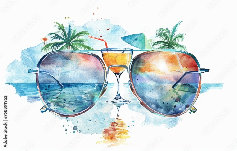 Wall mural watercolor clipart, double exposure of sunglasses with beach and cocktail in the reflection, summer 