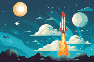 rocket in space colorful flat lay illustration - obrazy, fototapety, plakaty