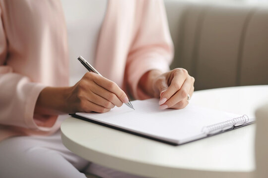 Close up of a person hands writing down notes with a pen. 
