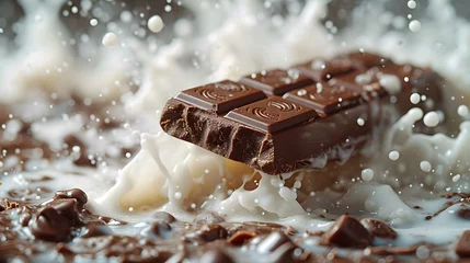 Zelfklevend Fotobehang Chocolate bar surrounded by splashes of milk, capturing the moment of a satisfying break © oucan