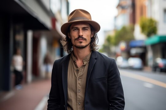 Handsome man wearing a fedora hat in a urban context