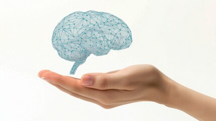 Hand holding human brain model with neuron hologram isolated on white background