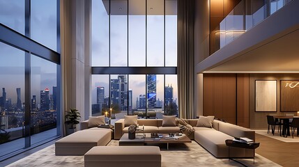 a luxurious apartment living room with floor-to-ceiling windows overlooking a bustling city skyline...