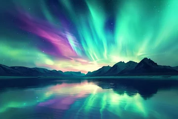 Keuken spatwand met foto Northern Lights over Arctic Waters, Mystical Reflections, Aurora, Borealis, calm, reflecting © asura