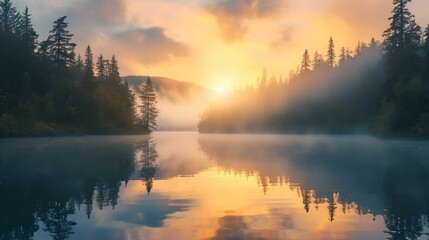 Tranquil Canadian Lake at Sunrise, Canada, Forest, Serene, Scenic Landscape
