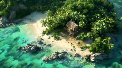 Tropical Island Survivor Building Shelter, deserted, lush, vegetation, pristine beach